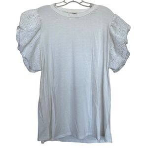 ADORA Women White Eyelet Puff Sleeve Knit Top Crew Neck Rayon Blend Size Smal